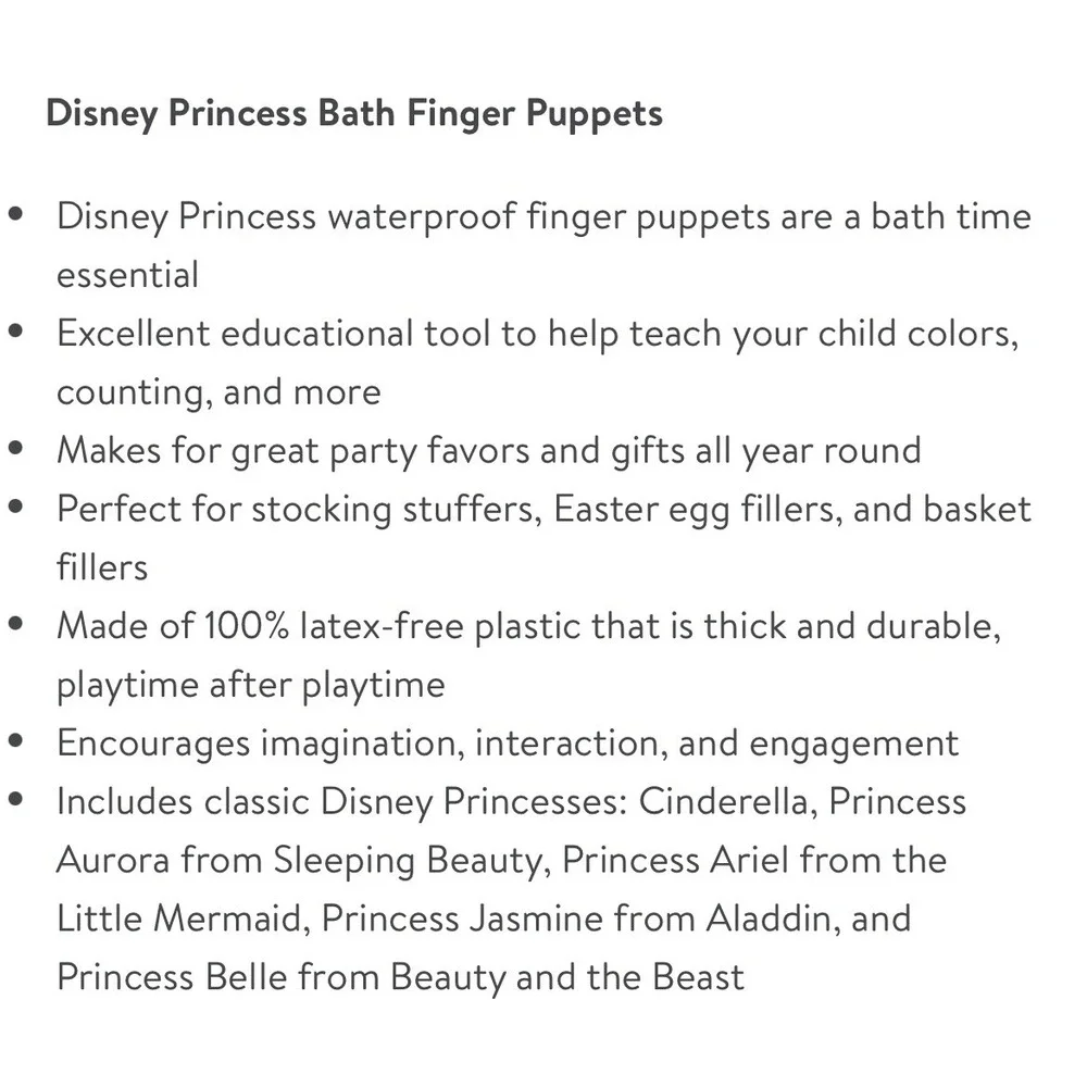 Disney Princess Vinyl Finger Bath Puppets Ariel Belle Jasmine Cinderella Aurora‎